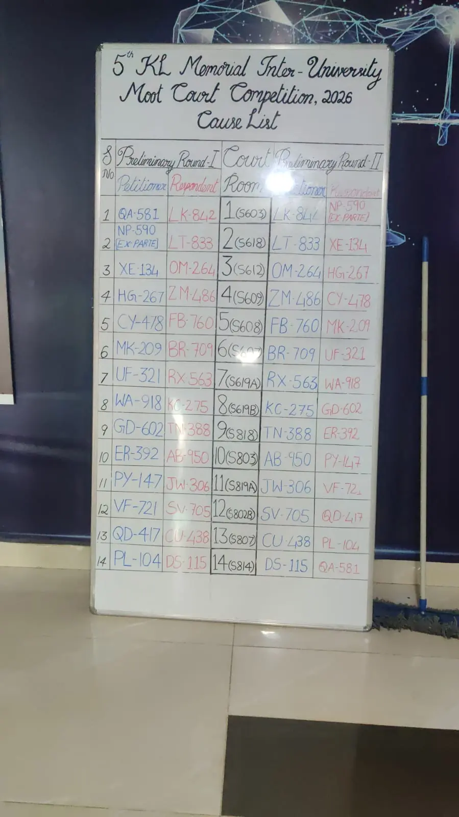 Whiteboard showing the cause list for the KLU Moot Court preliminary rounds