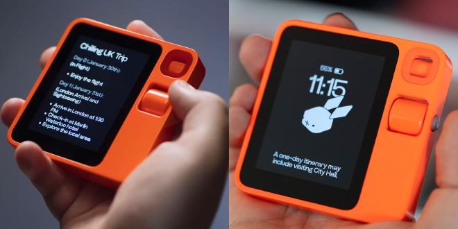 Rabbit R1 device in hand showing the screen and interface